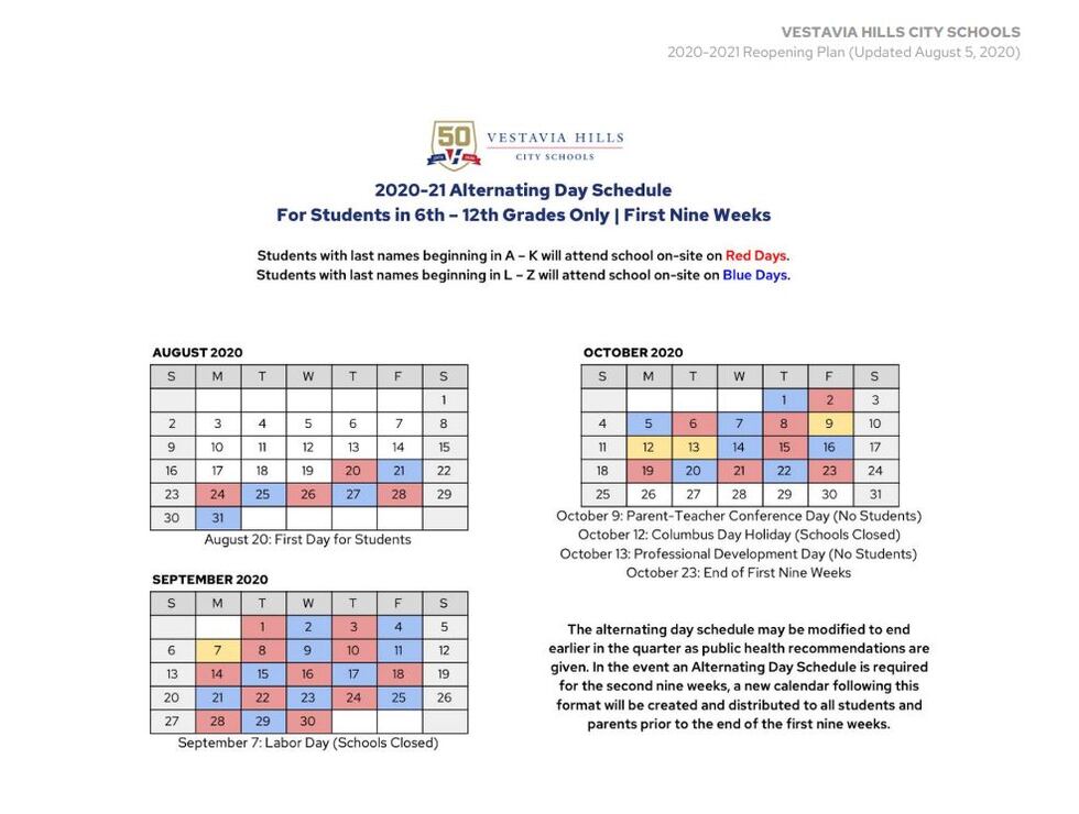 Vestavia Hills Schools release the alternating schedule for grades 6 12 Vestavia Hills Schools release the alternating schedule for grades 6 12