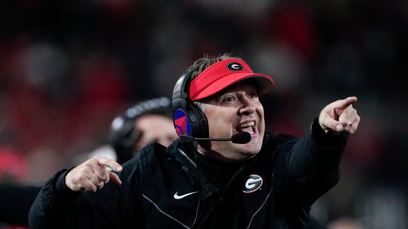 Georgia head coach Kirby Smart reacts on the sideline during the first half of an NCAA college...